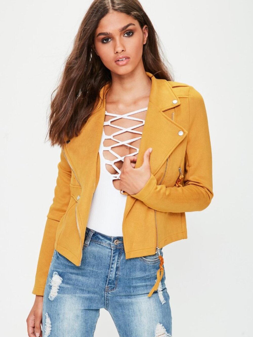 Missguided Tall Mustard Yellow Faux Suede Moto Biker Jacket Size 10 New without